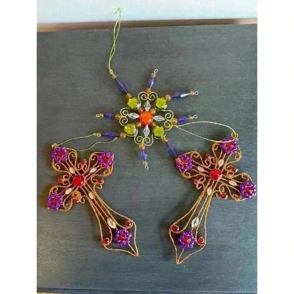 Jeweled Cross And Snowflake‎ Ornaments (Lot Of 3) - Picture 2 of 6